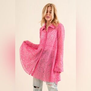 079 • Western Pink Lace Sheer Tunic Shirt | Crochet Lace Tunic Bell Button Shirt